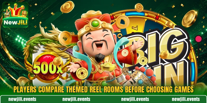 Players compare themed reel rooms before choosing games